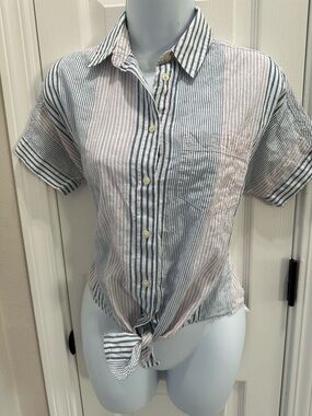 Madewell Blue & Pink Striped Tie-Front Button Shirt